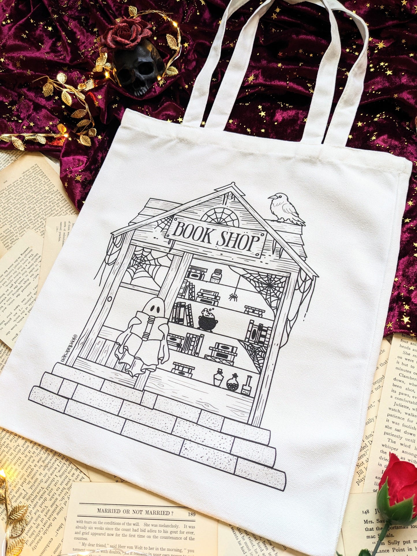 Haunted bookshop tote bag