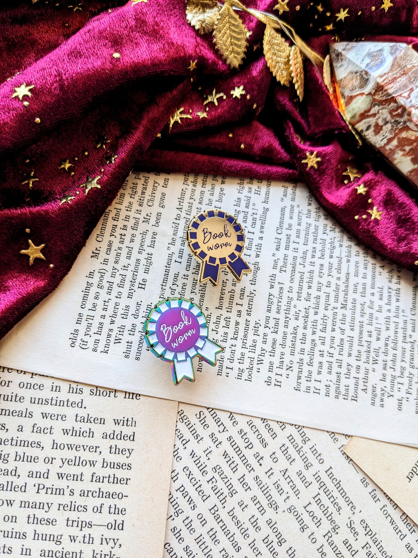 Bookworm rosette hard Enamel pin (gold and navy edition)