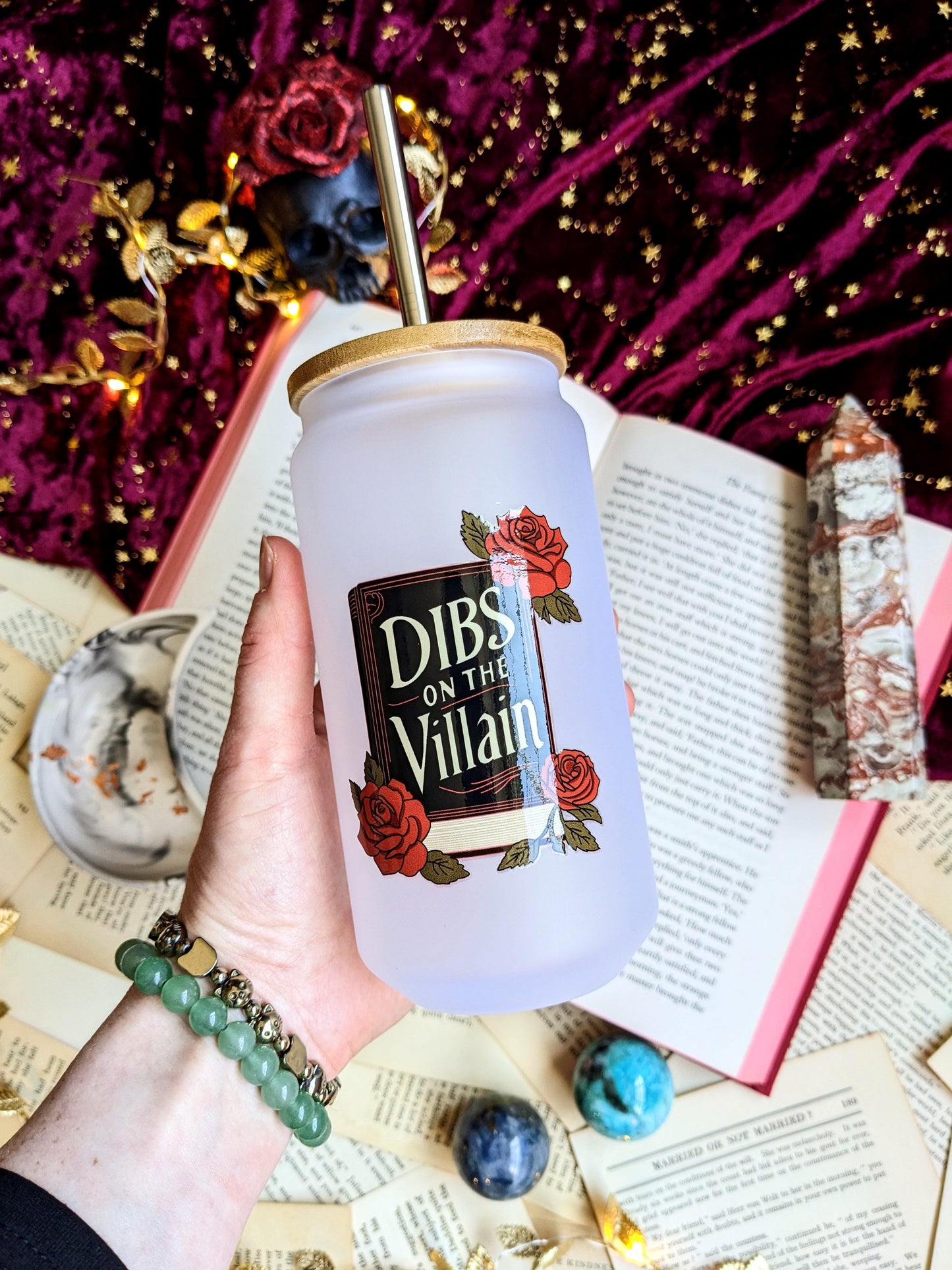 Dibs on the Villain 18oz frosted glass tumbler