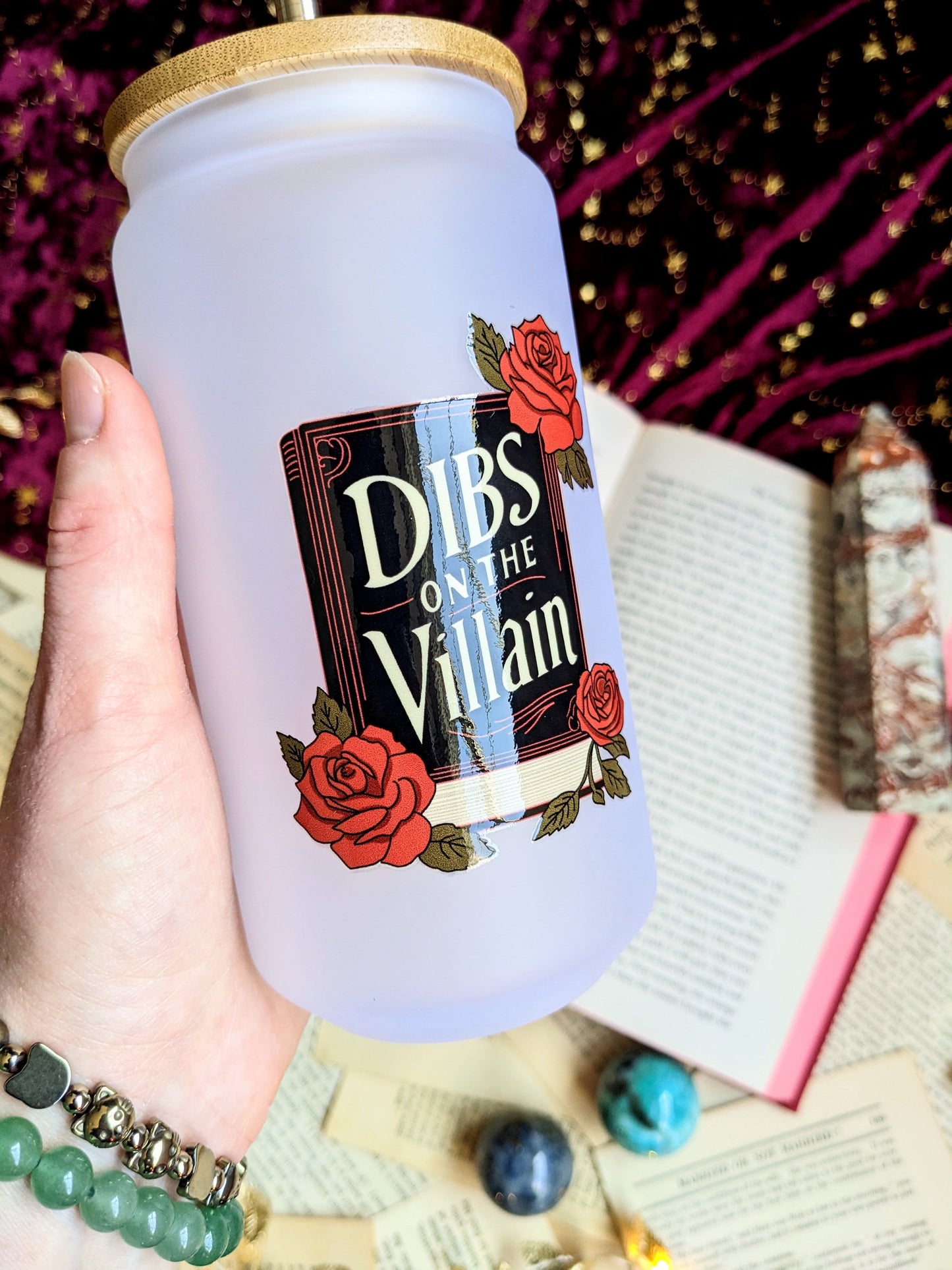 Dibs on the Villain 18oz frosted glass tumbler