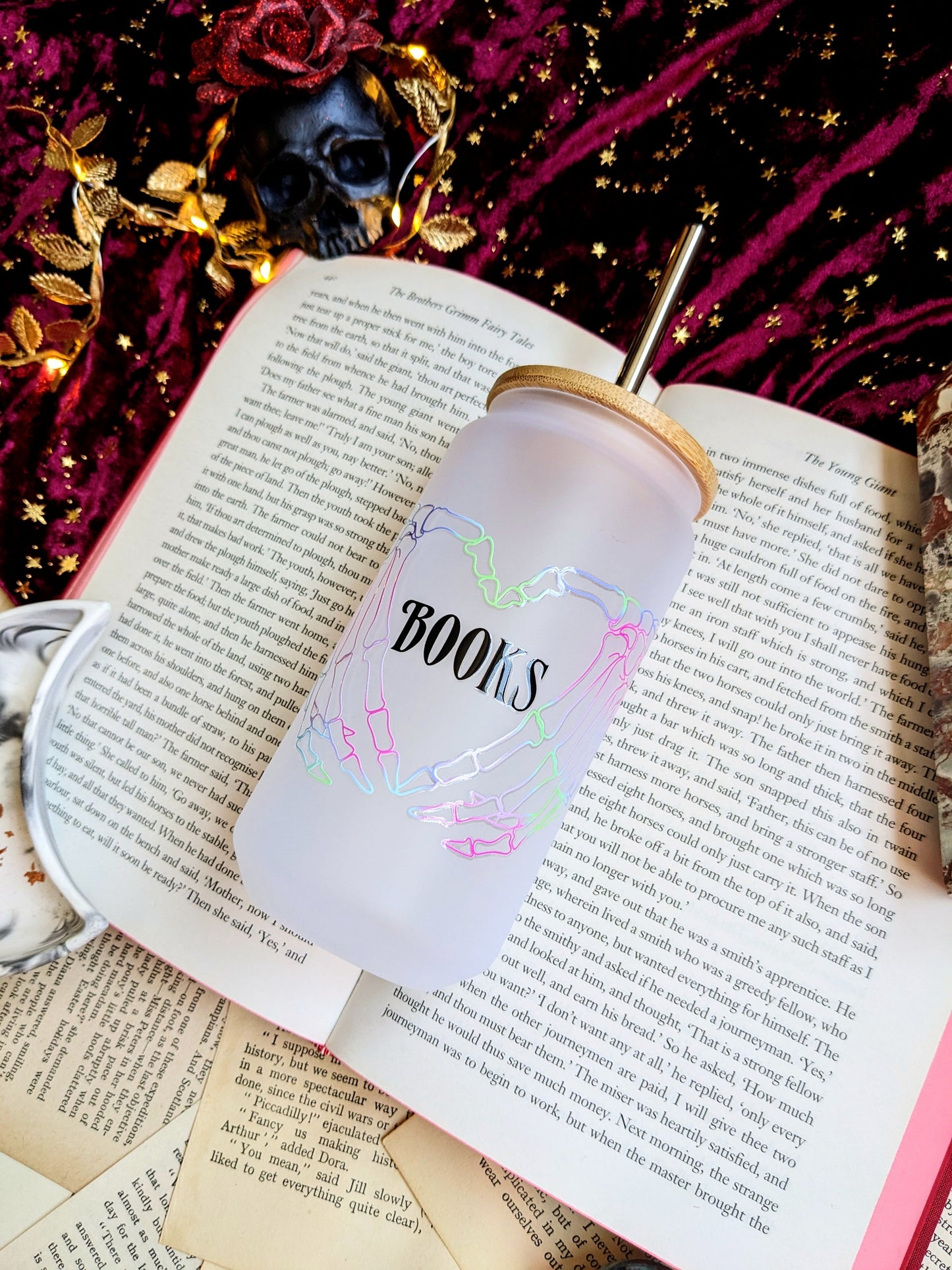 Books - skeleton heart hands 18oz frosted glass tumbler