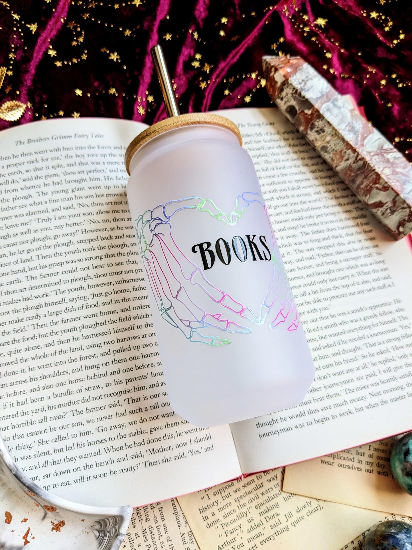 Books - skeleton heart hands 18oz frosted glass tumbler