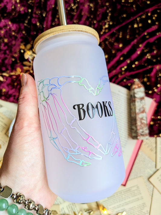 Books - skeleton heart hands 18oz frosted glass tumbler