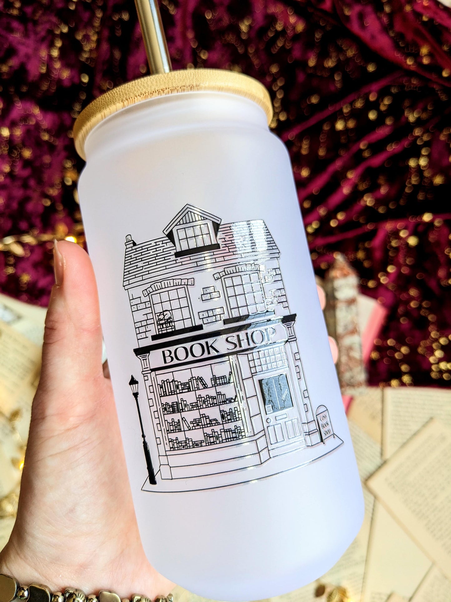 Cosy Book Shop 18oz frosted glass tumbler