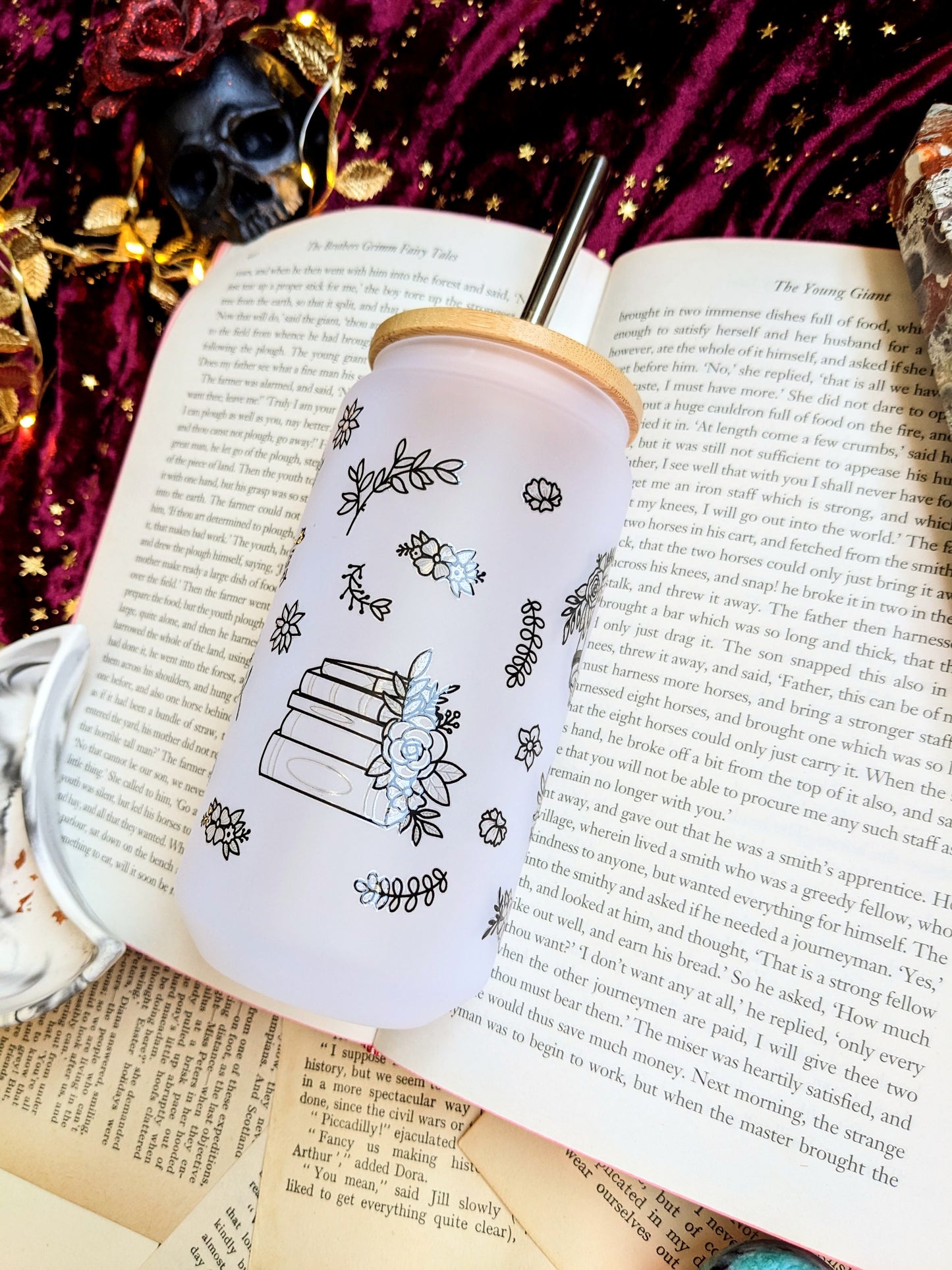 Bookish doodles full wrap 18oz frosted glass tumbler