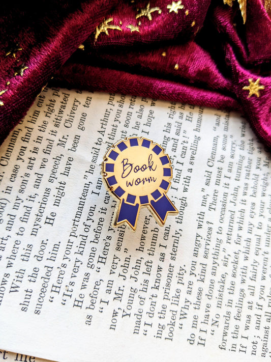 Book worm rosette hard Enamel pin (gold and navy edition)