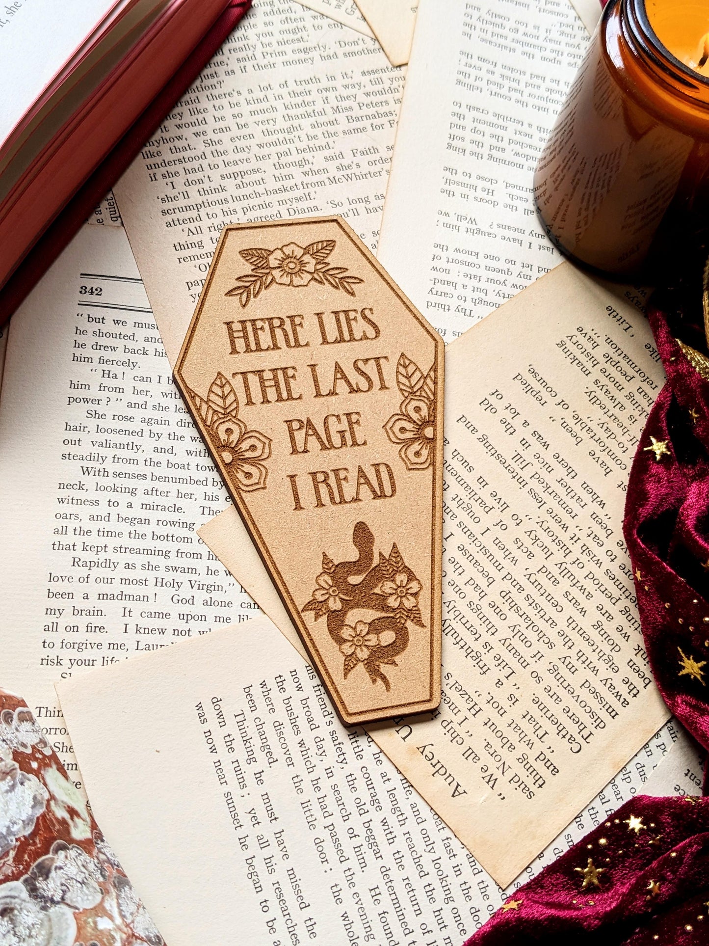 Coffin Wooden bookmark -Here lies the last page I read