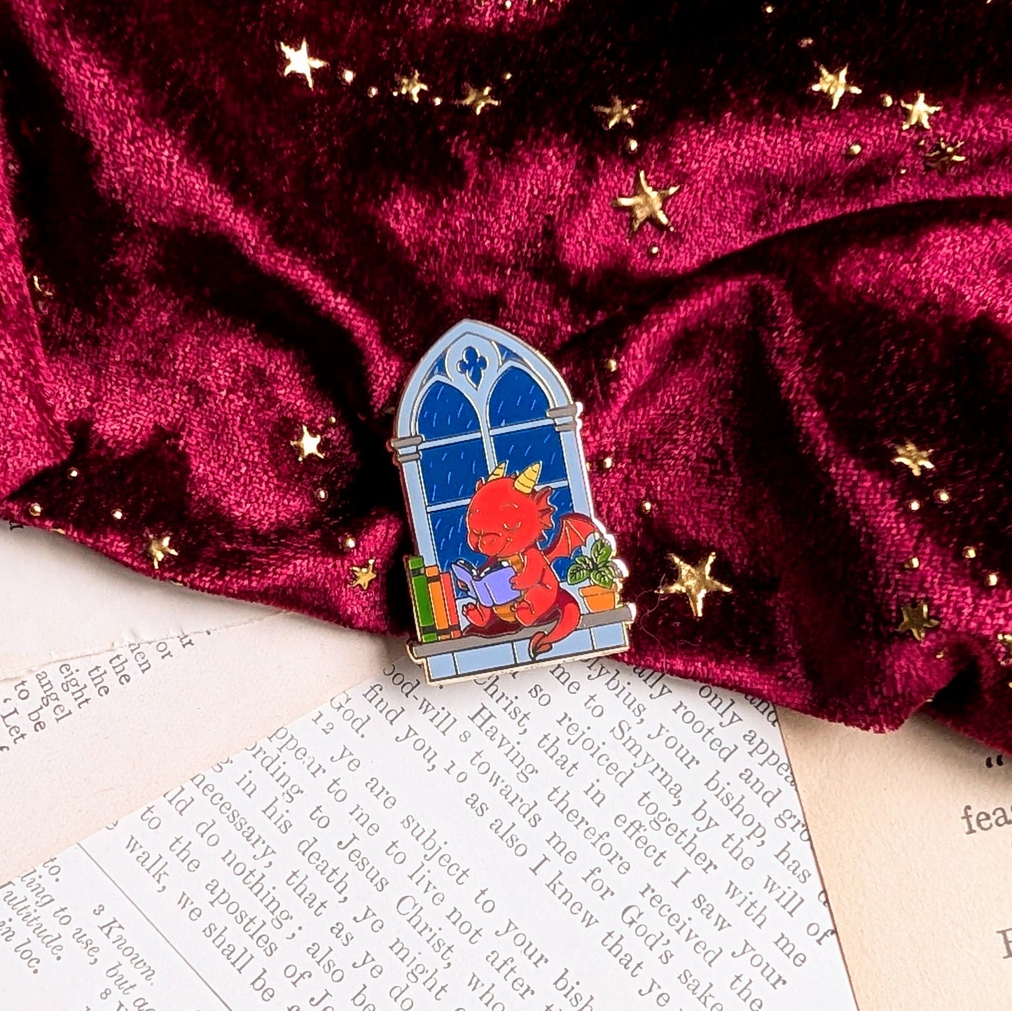 Ember the reading Dragon Enamel pin