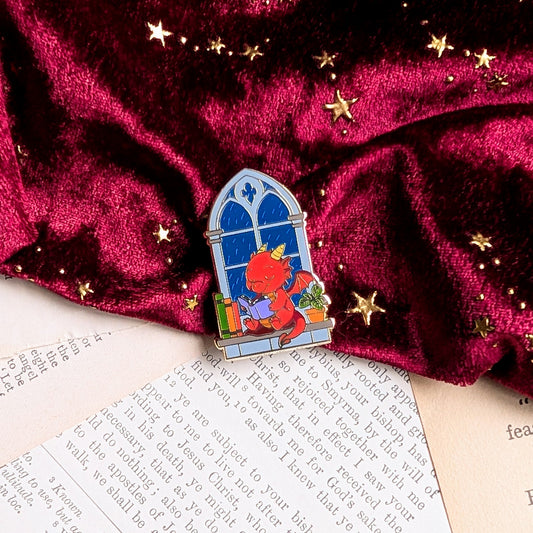 Ember the reading Dragon Enamel pin