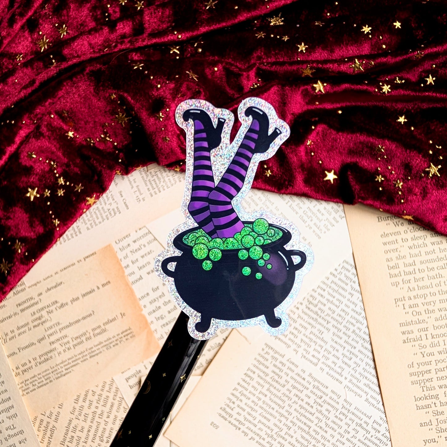 Witches leg Cauldron glitter sticker