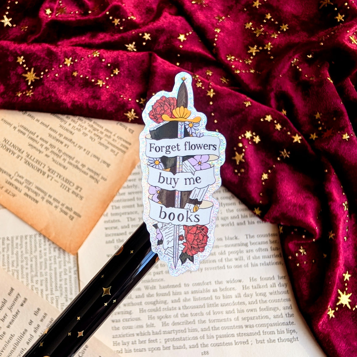 Forget Flowers Buy Me Books Glitter vinyl sticker