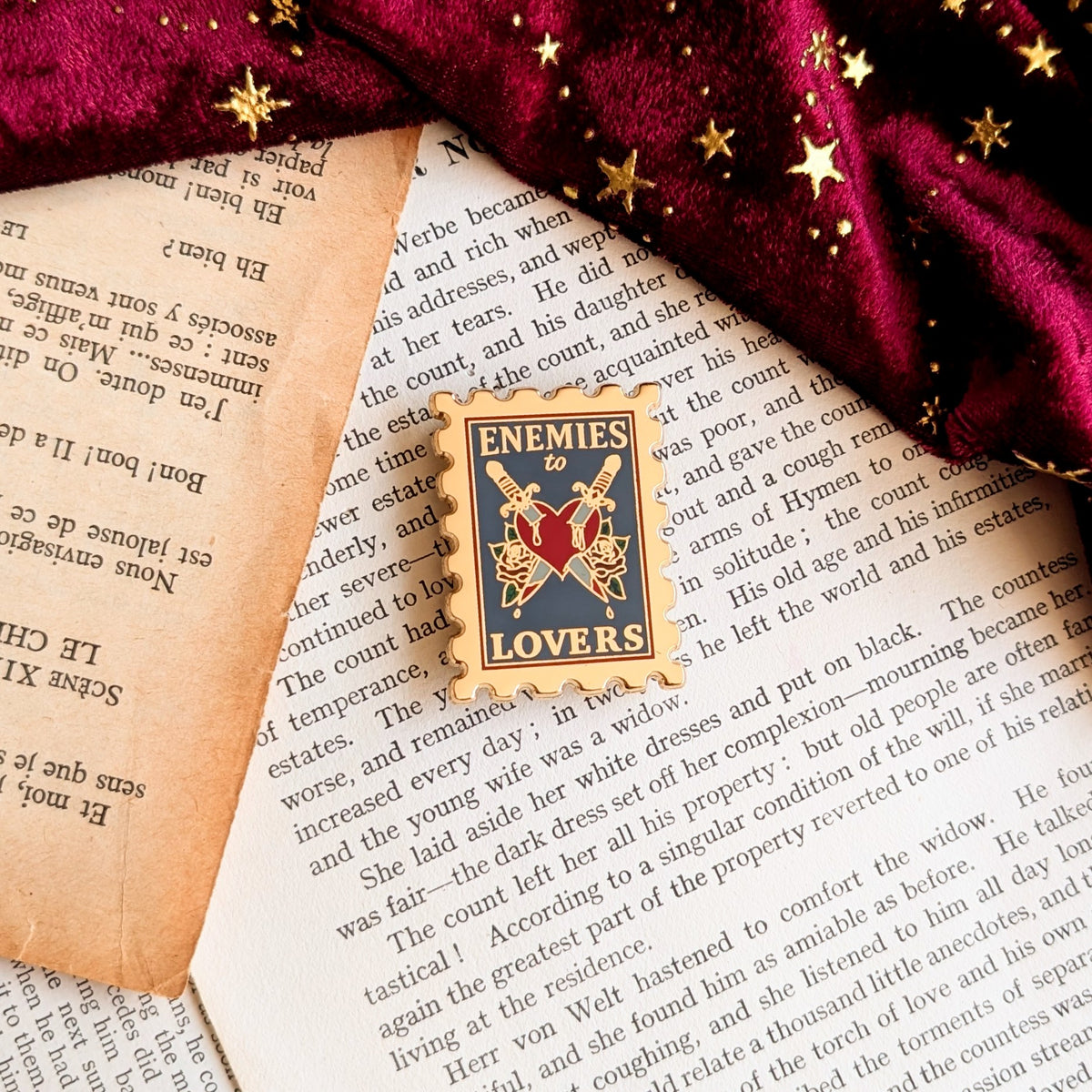 Enemies to Lovers Stamp enamel pin